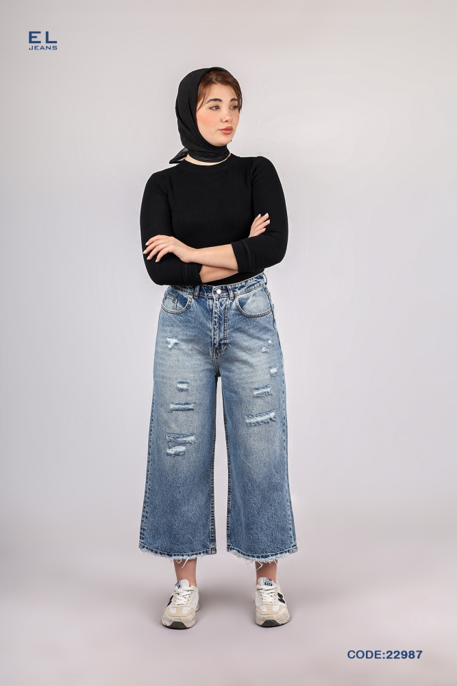 شلوار جین بگ زاپ درا قد 90 آبی وسط