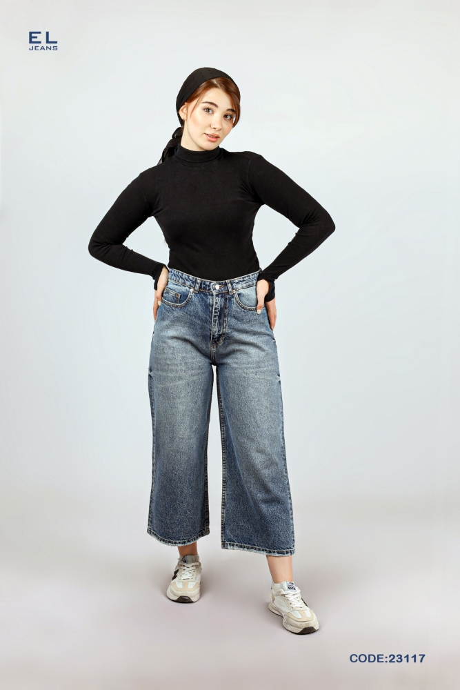 شلوار بگ ساده آبی کثیف قد 90 eljeans