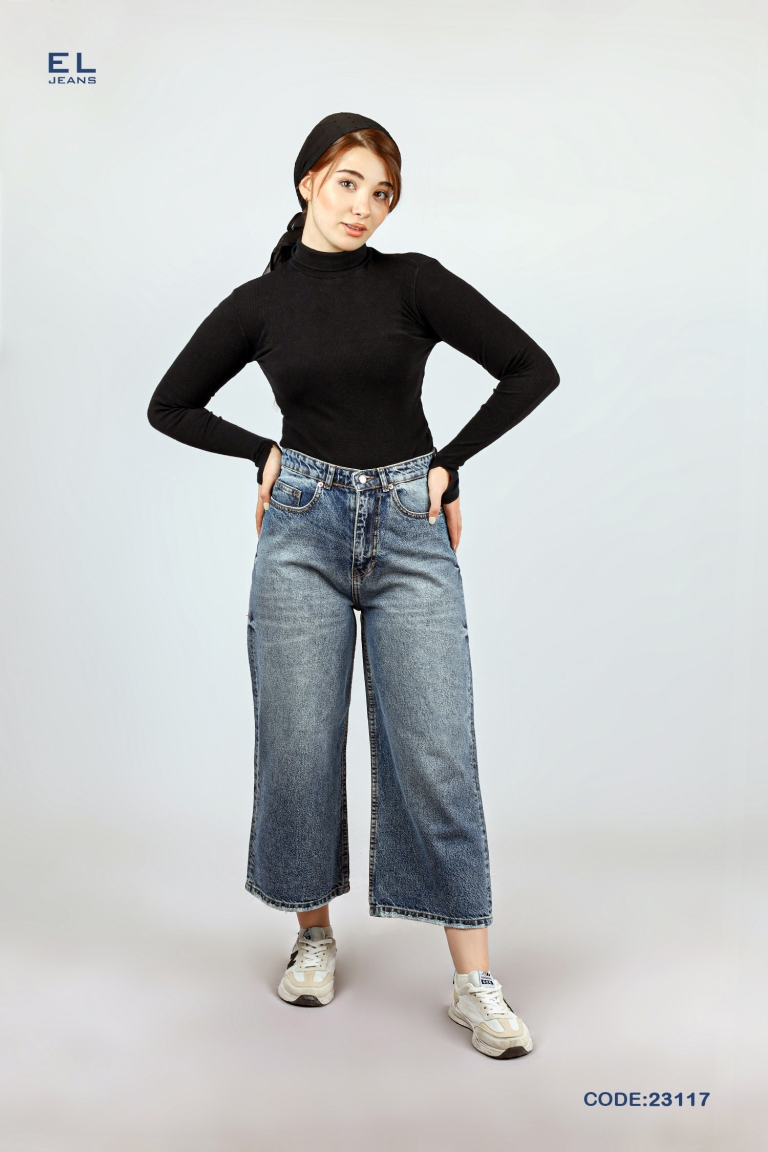 شلوار بگ ساده آبی کثیف قد 90 eljeans