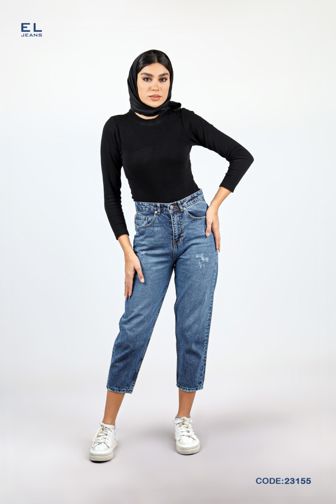 شلوار مام استایل قد 90 آبی ساده